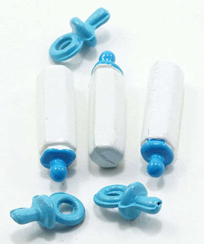 Dollhouse Miniature Blue Baby Bottles and Pacifiers Set, 6pc
